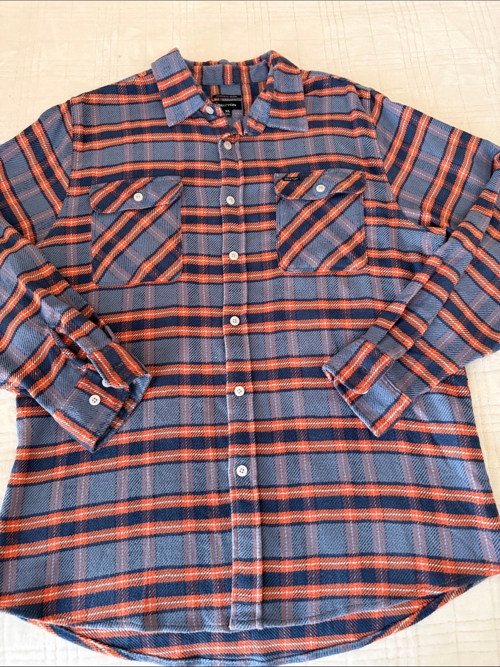 Brixton Navy Blue and Orange Plaid Button-Down Shirt